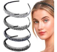 Lot de 4 bandeaux à strass pour femmes et filles - Serre-tête tendance avec dents antidérapantes - Accessoires pour cheveux - Pour fête de mariage, anniversaire - Argenté, noir, gris, bleu