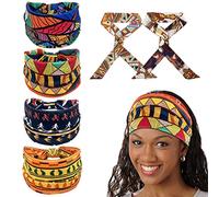 Lot de 4 bandeaux africains - 2 en soie - Foulards bohémiens - Imprimé rétro - Bandeau extensible - Accessoire de cheveux tendance pour femme