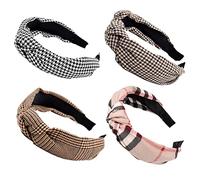 Lot de 4 bandeaux Alice pour femme - Style bohème - Large pied de poule - Nœud sur le dessus - Bandeau antidérapant - Élastiques à cheveux tendance