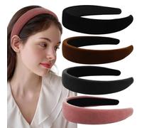 Lot de 4 bandeaux larges en velours pour femmes et filles - Antidérapants - Noir - Épais - Rembourrés - Tendance - Doux - Accessoires pour cheveux longs, courts, fins et bouclés - Cadeaux de Noël