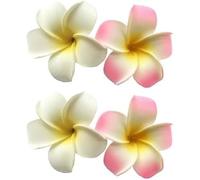 Lot de 4 barrettes à cheveux hawaïennes en mousse de plumeria - 7 cm - Blanc et rose