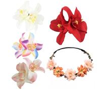 Lot de 4 barrettes à cheveux orchidées, 1 bandeau en soie, fleurs hawaïennes, accessoires de vacances, pinces à cheveux à fleurs rouges, accessoires de plage pour femme