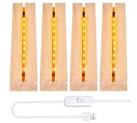Lot de 4 Bases de Présentation Rectangulaires en Bois, Base de Présentation Rectangulaire avec USB, Socle Lumineux Bois avec LED, pour Plaque en Verre et Résine Acrylique, 15*4.5*3cm, Blanc Chaud