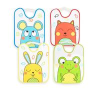 Lot de 4 Bavoirs Imperméables pour Bébé avec Fermeture Élastique | Motifs Amusants, 100% Polyester Microfibre, Doublure en Vinyle, Taille 24x31 cm | Pour Bébés de 6 à 12 Mois, Idéal pour Crèches