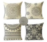 Lot de 4 Beige Housses de Coussin Imperméables 35x35cm Bohème Décoration Extérieur Taie Oreiller,Carré Double Face Lin Coussin pour Canapé,Maison,Lit,Bureau,Café,Jardin,Coussin Decoratif ZG-95