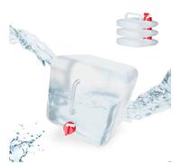 Lot de 4 bidons pliables Relaxdays 15 l, robinet, bouchon à vis, poignée, eau camping, sans BPA, transparent/rouge