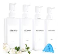 Lot de 4 Blanc Flacon Pompe Vide, 500ml Distributeur Gel Douche, Plastique Distributeur Shampoing et Gel Douche avec Entonnoir et éTiquette ImperméAble pour La Cuisine, La Salle de Bain
