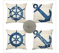 Lot de 4 Bleu Marine Housse de Coussin 35x35cm,Exterieur Impermeable Lin Taies d'oreiller Ancre Moderne Décoratif Canapé Coussin,pour Chaise,Lit,Jardin Chambre Coussin Canape Decoration JX-8271