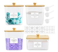 Lot de 4 boîtes à dosettes à linge transparentes avec couvercles en bambou, 3 cuillères et étiquettes de qualité supérieure - Idéal pour les perles rehausseurs de parfum, les boules de séchage, les