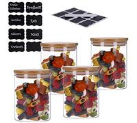 Lot de 4 boîtes de conservation en verre avec couvercle en bambou avec 8 étiquettes à craie et un stylo | récipients en verre, verre à spaghetti | hermétiques, anti-mites (4 x 700 ml)