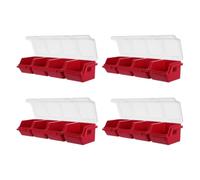 Lot de 4 boîtes de rangement à vis rouges en plastique à 4 compartiments | Couvercle transparent pour repérage rapide, structure empilable, protection des petites pièces, pour atelier et usine