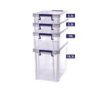 Bankers Box Boîte de rangement ProStore Bonus Pack : 2x5.5L (7.5x34x21.5cm) +1x10L (14x34x21.5cm) +1x18.5L (28x32x20cm), avec couvercle et poignées, empilable, plastique transparent sans BPA, 7731601