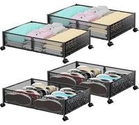 Lot de 4 boîtes de rangement sous le lit avec roulettes - Pliables - En métal - Pour rangement de vêtements - Noir - Montage sans outil - Design ouvert pour un accès facile - 40 x 60 x 16 cm