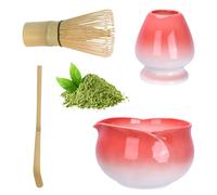 Lot de 4 bols à matcha rouge en forme de pétale avec bec verseur, mélangeur à matcha et support, cuillère à matcha, set de thé matcha rose pour les amateurs de matcha