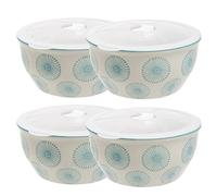 Lot de 4 bols Art Deco en grès estampillés à la main avec couvercle en silicone, rangement élégant et pratique pour les aliments, bleu, 15 cm