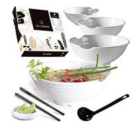 Lot de 4 bols Pho blancs XL. 16 bols Pho pour plats de nouilles asiatiques, mélamine de qualité restaurant 1500 ml. Parfait pour les ramen. Comprend des cuillères, des baguettes et des saucières.