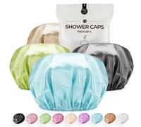 Lot de 4 bonnets de douche extra larges réutilisables en satin double couche EVA imperméable pour cheveux longs (bleu layette, marron, gris foncé, vert)