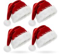 Lot de 4 bonnets de Père Noël en peluche confortables en velours rouge pour fêtes de Noël pour adultes et enfants