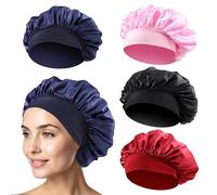 Lot de 4 bonnets en soie pour dormir, bonnet de nuit en soie douce et satin pour femme, bonnet en soie respirant pour la nuit, noir, bordeaux, rose, bleu marine, Durchmesser: ca. 31 cm