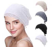 Lot de 4 bonnets intérieurs en dentelle pour femme pour hijab musulman islamique - Couleur unie Couverture intégrale en coton élastique avec fermeture à nouer sous écharpe, chapeau, #1, taille unique