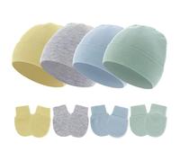 Lot de 4 bonnets pour bébé de couleur unie coupe-vent avec gants anti-rayures assortis pour garçons et filles en coton, Lot 7., Taille unique