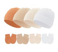 Lot de 4 bonnets pour bébé de couleur unie coupe-vent avec gants anti-rayures assortis pour garçons et filles en coton, Set 4, Taille unique