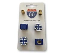 Lot de 4 Bouchons de Valve + 2 adaptateurs de vélo - Iron Cross Bleu - Convient pour Toutes Les Voitures, Motos et vélos