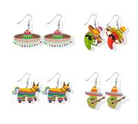 Lot de 4 boucles d'oreilles Cinco De Mayo pour femme - Boucles d'oreilles mexicaines - Boucles d'oreilles Fiesta en acrylique - Boucles d'oreilles en forme de piment - Pour femme, Métal, Pas de gemme