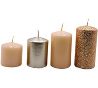 Lot de 4 bougies piliers, pour couronne de l'Avent, bougies de table, beige cappuccino et paillettes en bronze, graduées de 5 x 5 x 5 cm à 5 x 9 cm (L x l x H)