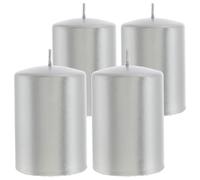 Lot de 4 bougies piliers - Rondes - Diamètre 6,8 x 10 cm - Paraffine - Métallique - Durée de combustion : 40 h - 1 bougie pilier - Argenté