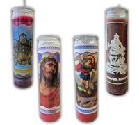Lot de 4 bougies spirituelles en verre 510 g Grande puissance de Dieu, 7 puissances africaines, Vierge du Carmen et Saint Michel Archange