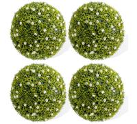 Lot de 4 boules de buis artificielles - Diamètre : 32 cm - Avec fleurs blanches - Résistant aux UV - Topiaire - Plante décorative à suspendre - Plantes artificielles pour jardin, mariage