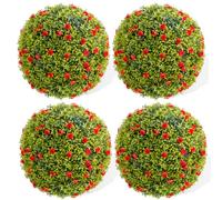 Lot de 4 boules de buis artificielles - Diamètre : 32 cm - Avec fleurs rouges - Résistant aux UV - Topiaire - Plante décorative à suspendre - Plantes artificielles pour jardin, mariage