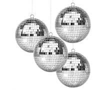 Lot de 4 boules disco à facettes de 10 cm avec anneau suspendu, argentées, idéales pour les fêtes ou l'effet lumineux DJ, accessoires photo de Noël