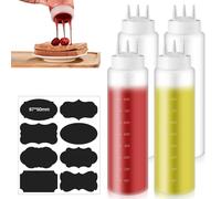 Lot de 4 bouteilles à presser - 1000 ml - Avec 3 buses de pulvérisation - Bouteille à sauce avec échelle de mesure - Anti-fuite - Multipressée - Pour ketchup, sauces, mayonnaise, moutarde