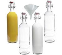Lot de 4 Bouteilles carafes à Eau 1 Litre avec Bouchon mécanique - Verre Transparent - Livré avec Un Entonnoir
