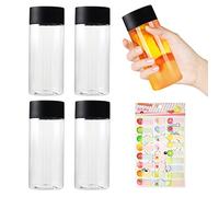 Lot de 4 bouteilles de boisson transparentes en plastique avec 1 étiquette de fruit, avec couvercles, idéales pour le jus, le lait, les boissons maison.