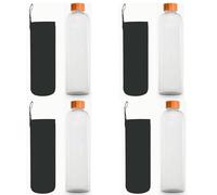Lot de 4 bouteilles d'eau en verre avec bouchon en bambou, écologique, recyclable, réutilisable, sans toxines, sans BPA (4 bouteilles sans devise + étui noir, 1500 ml)