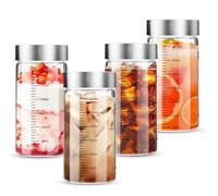 Lot de 4 Bouteilles en Verre de 300 ml avec Couvercle en Acier Inoxydable - Avec Graduation de Mesure, pour Les Jus, Les Smoothies, Le Café, Le Lait, Le thé, Les Laits Végétaux