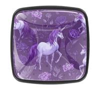 Lot de 4 boutons de placard carrés en verre pour commodes, tiroirs, commodes, cuisine, chambre à coucher, motif licorne avec crinière violette et queue de cheval - 30 mm