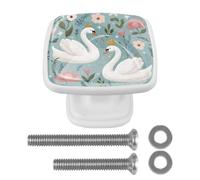 Lot de 4 boutons de placard de cuisine carrés en verre avec vis et fleurs sauvages - Cygnes et fleurs sauvages - Blanc