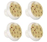 Lot de 4 boutons de placard de cuisine, de commode, de tiroir et de commode sans couture en forme de petites feuilles avec cœurs sur fond jaune doux