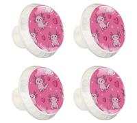 Lot de 4 boutons de placard de cuisine en forme d'axolotl sans couture avec cœurs sur fond rose, boutons décoratifs pour tiroir et commode avec vis