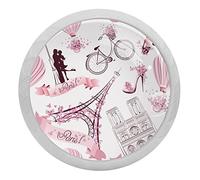 Lot de 4 boutons de placard de cuisine ronds et blancs - Motif Paris Tour Eiffel rose - Pour tiroirs de commode - Capteur fluorescent - Poignées de porte d'armoire - Poignées de tiroir