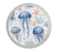 Lot de 4 boutons de placard ronds en cristal ABS - Méduse et étoile de mer - Pour cuisine, tiroir de meuble - Trou unique