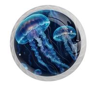 Lot de 4 boutons de porte ronds et blancs en forme de méduse bleue de 35 mm pour portes d'armoires de cuisine, meubles de cuisine, avec 2 tailles de vis