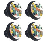 Lot de 4 boutons de tiroir avec fond sans couture en forme de chat mignon - Base noire - 35 mm - Poignées de placard pour cuisine, chambre à coucher, placard