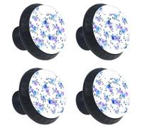 Lot de 4 boutons de tiroir avec fond sans couture Motif floral bleu 35 mm Base noire Boutons de commode, poignées de placard pour cuisine, chambre à coucher, placard