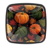 Lot de 4 boutons de tiroir en forme de citrouille d'automne et de feuilles avec fond sans couture - Base noire - 30 mm - Boutons de commode, de porte de placard, de placard - Poignées de quincaillerie