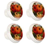 Lot de 4 boutons de tiroir en forme de citrouilles d'automne et de feuilles avec fond sans couture - Base blanche de 35 mm - Boutons de commode, de placard, de porte d'armoire, poignées pour cuisine